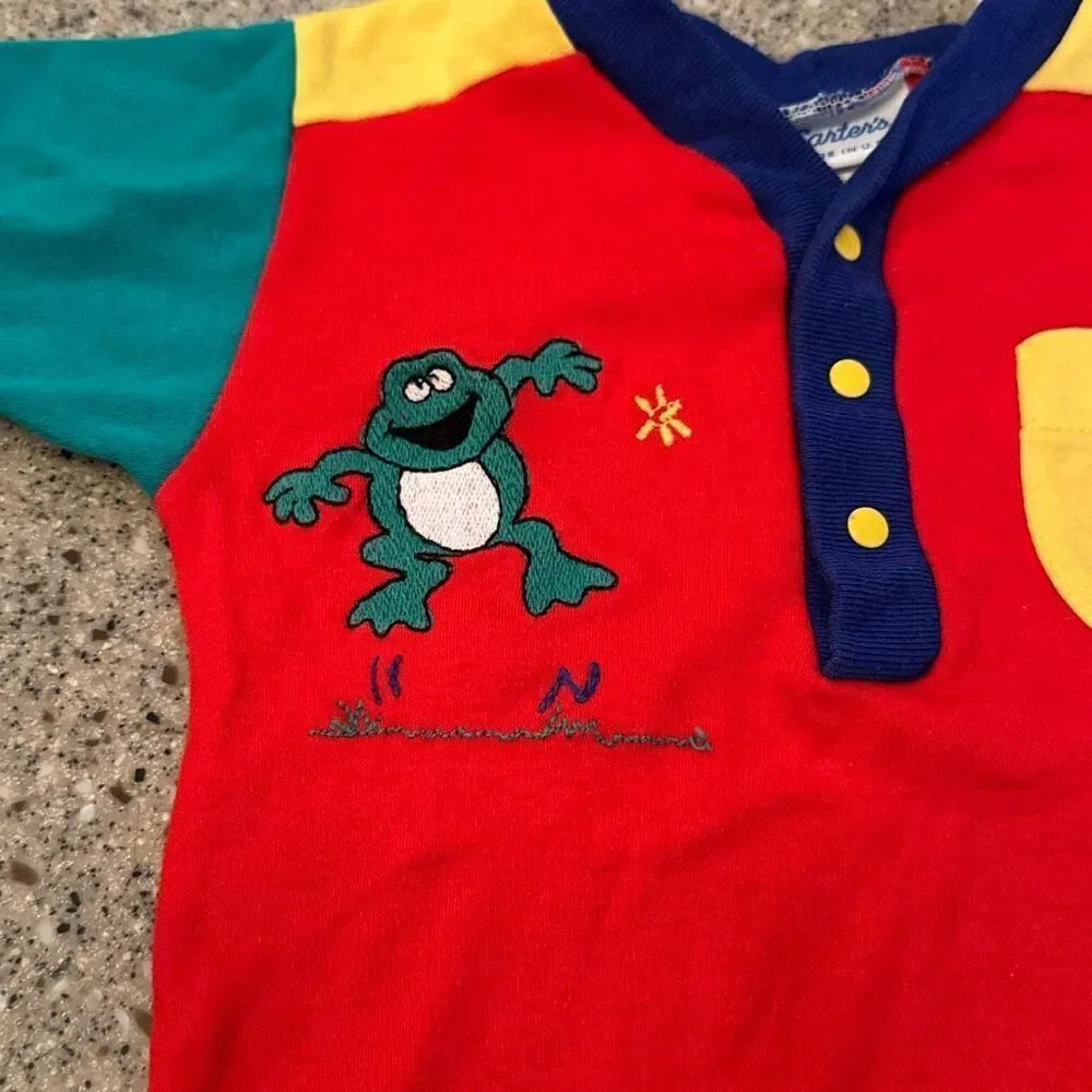CARTER'S Vintage 90s Made In USA Frog Embroidered Colorblock Baby Romper